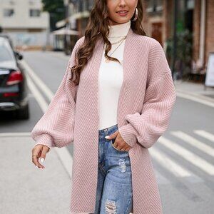 Preppy Casual Womens Lantern Sleeve Drop Shoulder Duster Cardigan